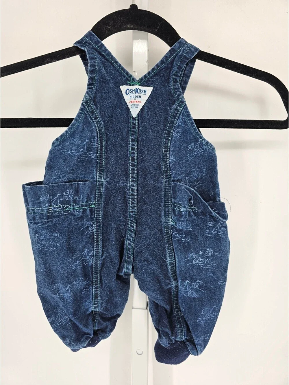 Vtg 1980s 3/6 M Oshkosh B'Gosh Vestbak Blue Denim Sailing Boat Themed Overalls